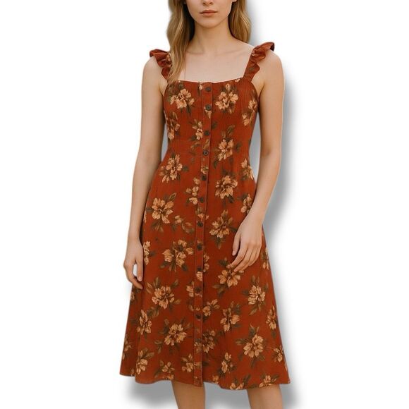 Be Cool Women's Floral Ruffled Strap Dress Size L Multicolor Knee Length - Picture 1 of 6